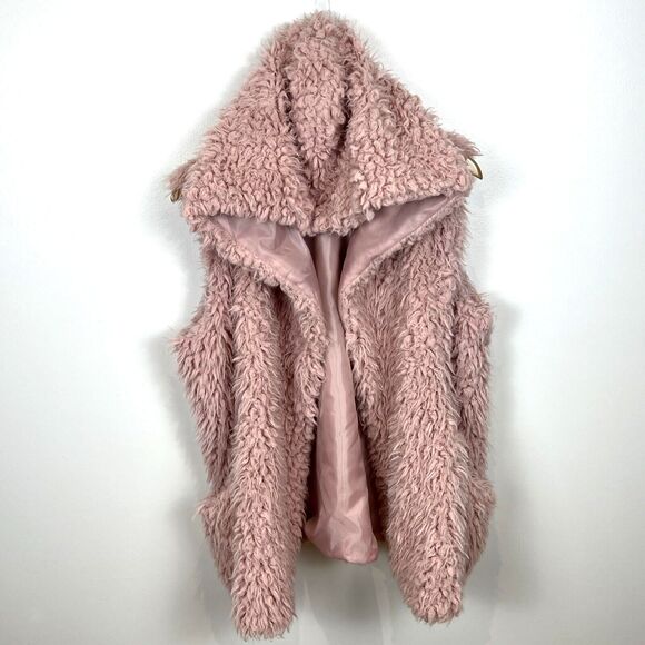 A.N.A. Womens Pink Faux Sheep Fur Hooded Jacket Vest Pockets Cozycore Large Coat - Picture 6 of 16